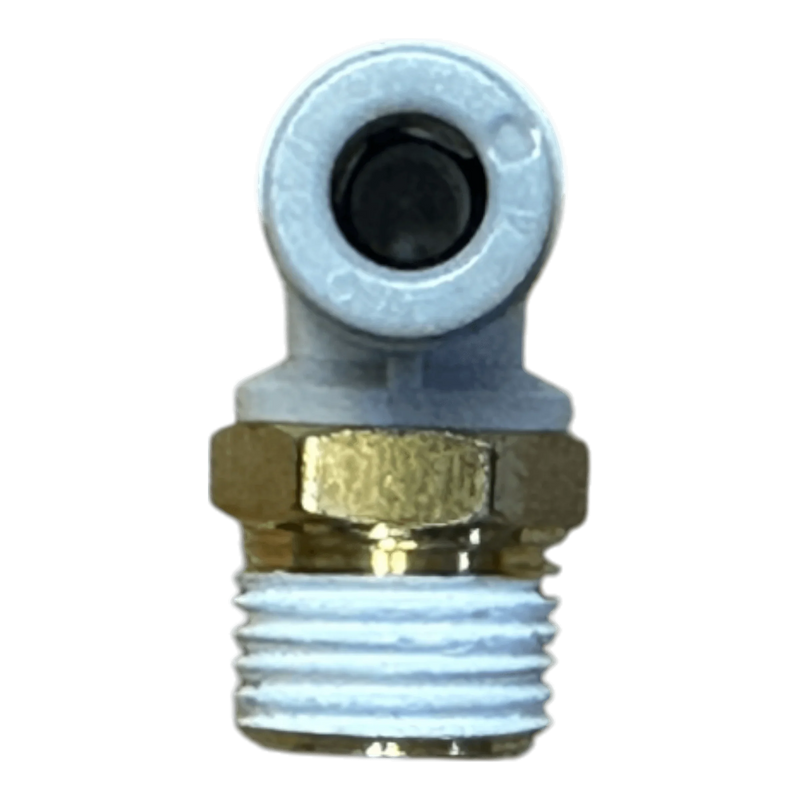 PIERCE Controls Fitting Elbow Air, a brass and plastic pneumatic elbow fitting with threaded end, is ideal as a Lodar Air Actuator replacement part and shown from the front.