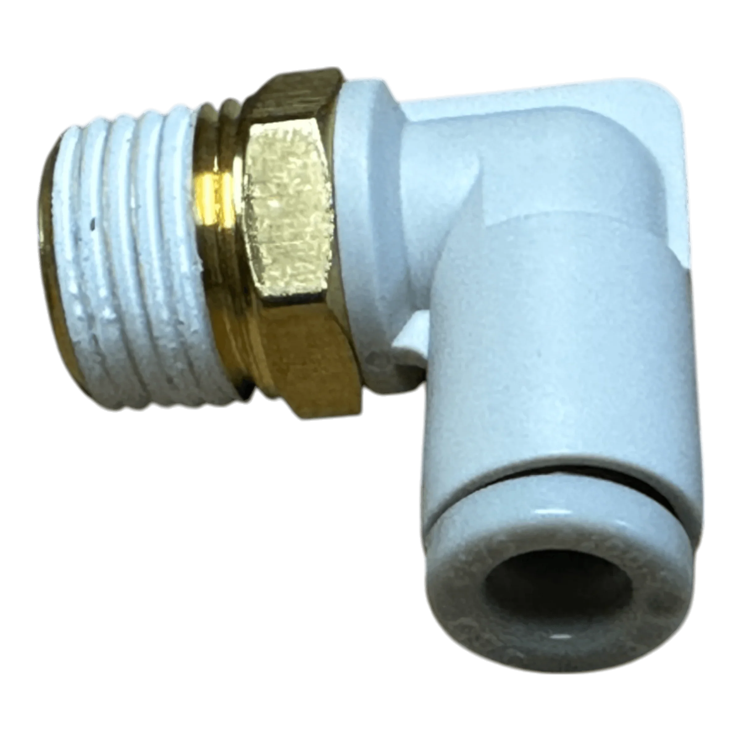 PIERCE Controls Fitting Air Elbow in white and brass with threaded and push-to-connect ends, ideal as a Lodar Air Actuator replacement; shown on a plain background.