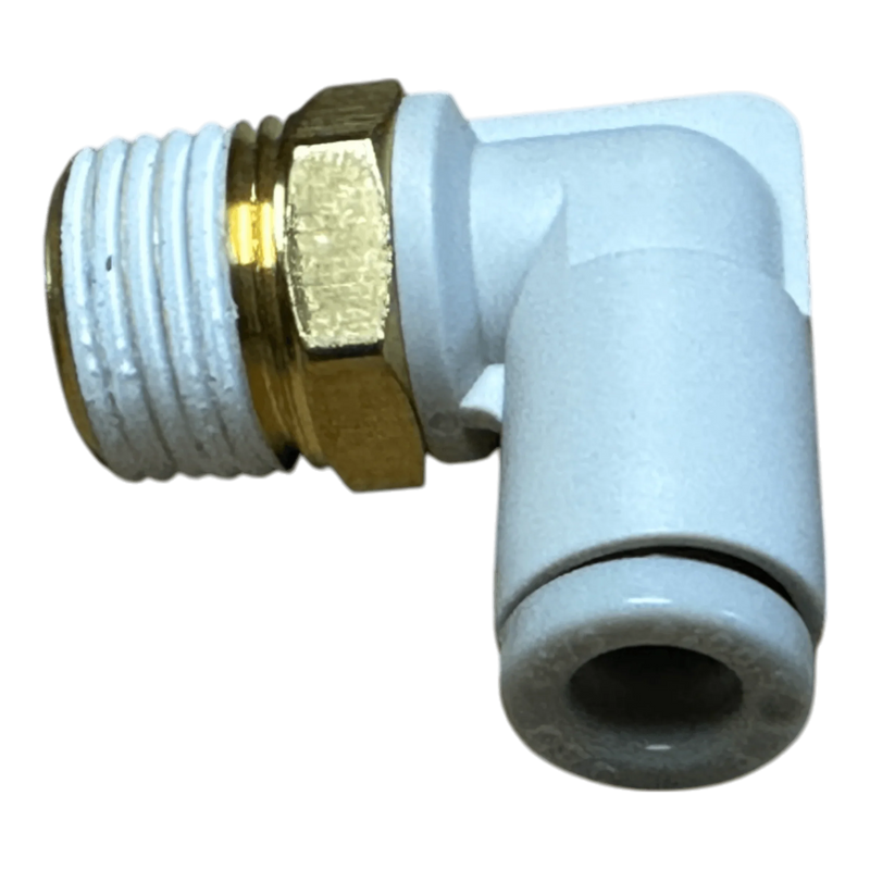 PIERCE Controls Fitting Air Elbow in white and brass with threaded and push-to-connect ends, ideal as a Lodar Air Actuator replacement; shown on a plain background.