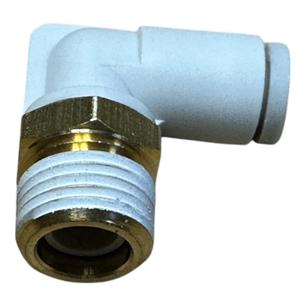 The PIERCE Controls Fitting Elbow Air is a white plastic and brass 90-degree threaded pneumatic fitting, ideal as a replacement part for Lodar Air Actuator systems.