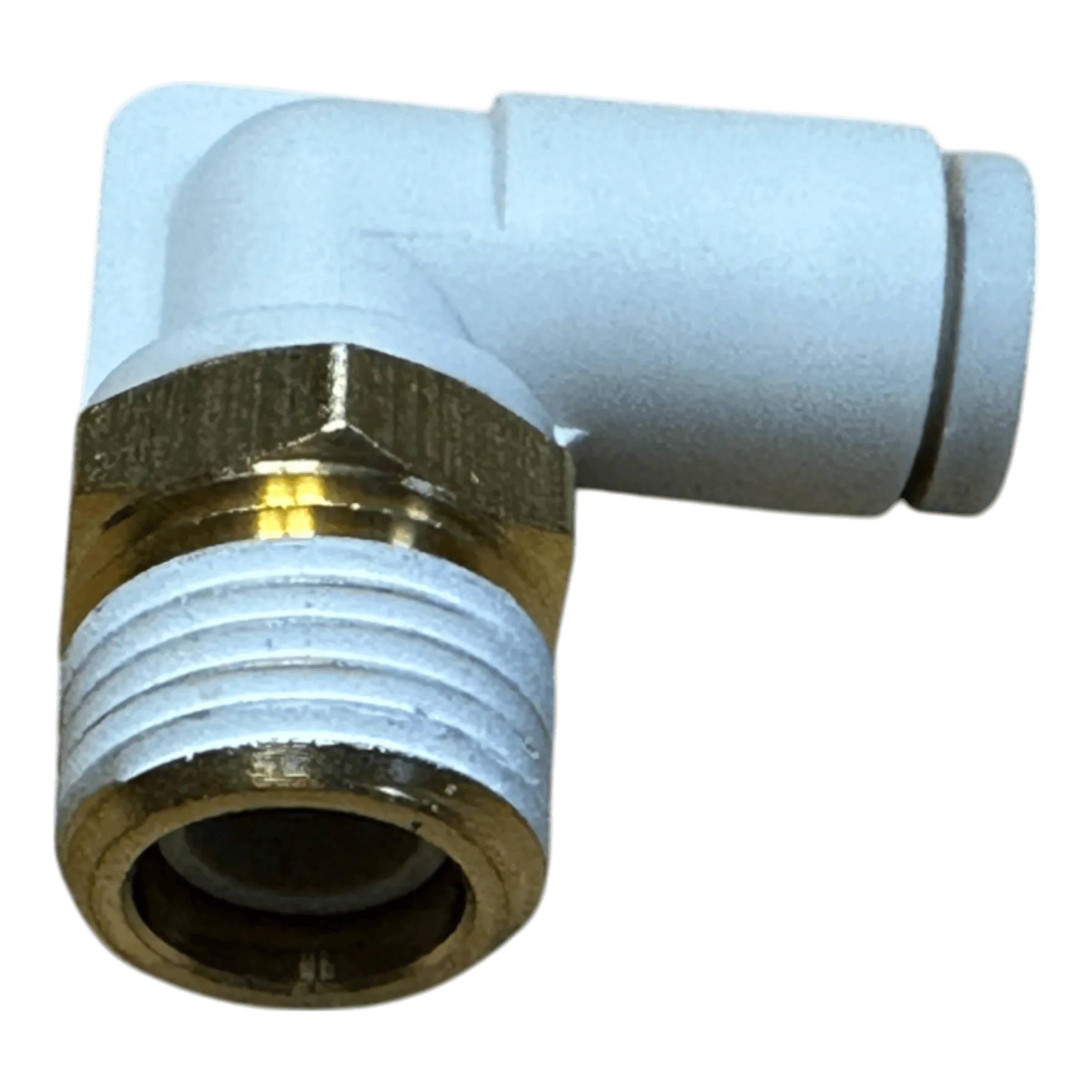 The PIERCE Controls Fitting Elbow Air is a white plastic and brass 90-degree threaded pneumatic fitting, ideal as a replacement part for Lodar Air Actuator systems.