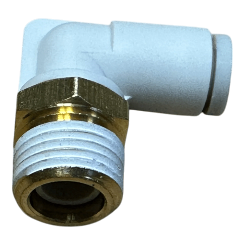 The PIERCE Controls Fitting Elbow Air is a white plastic and brass 90-degree threaded pneumatic fitting, ideal as a replacement part for Lodar Air Actuator systems.