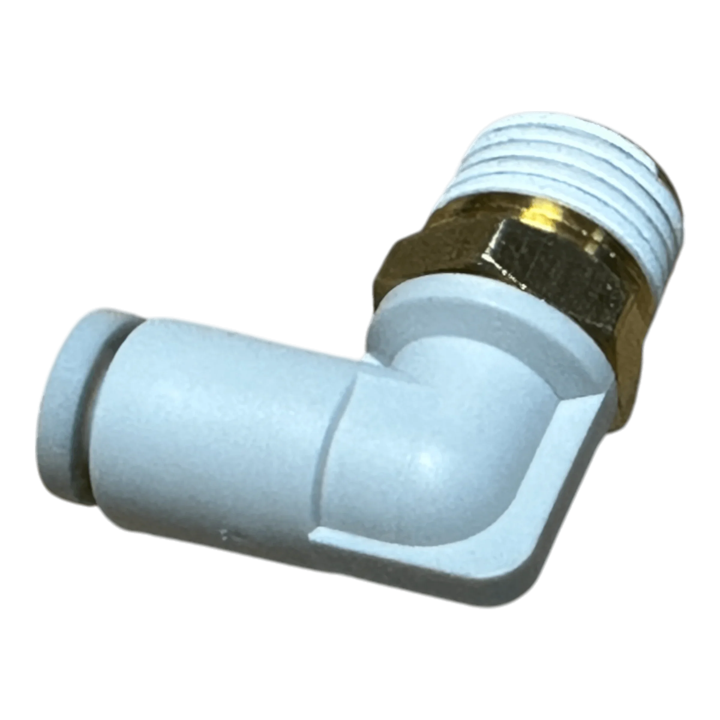 The PIERCE Controls Fitting Elbow for Air, made of plastic and brass with a threaded end, is an ideal replacement part, shown isolated on a white background.