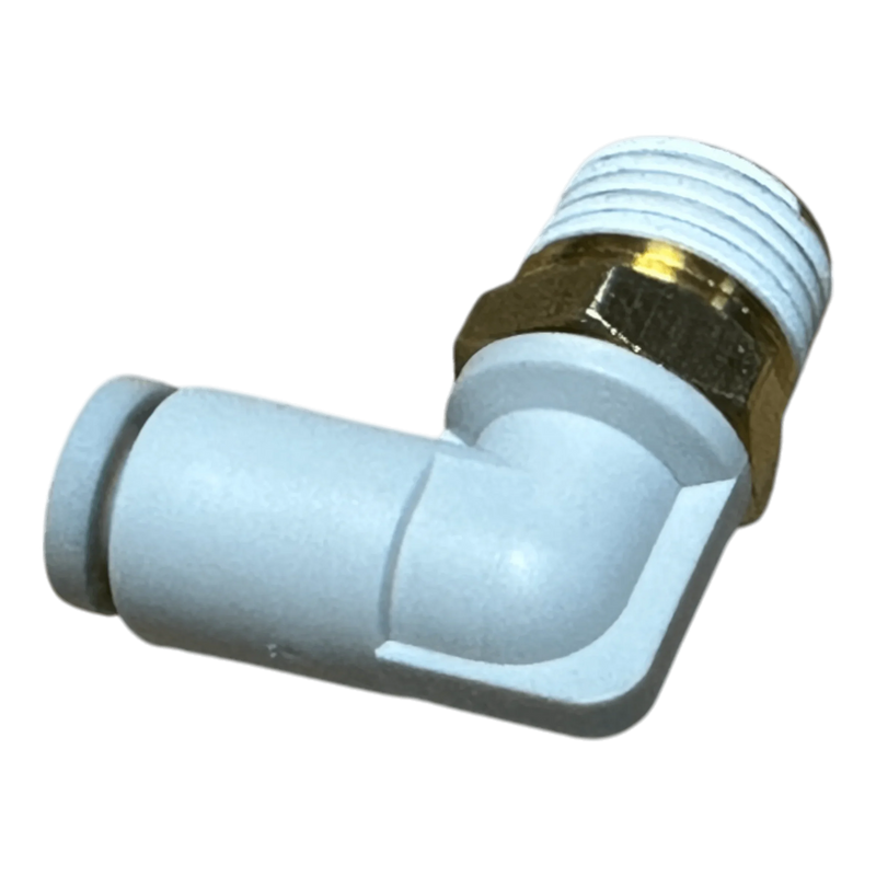 The PIERCE Controls Fitting Elbow for Air, made of plastic and brass with a threaded end, is an ideal replacement part, shown isolated on a white background.