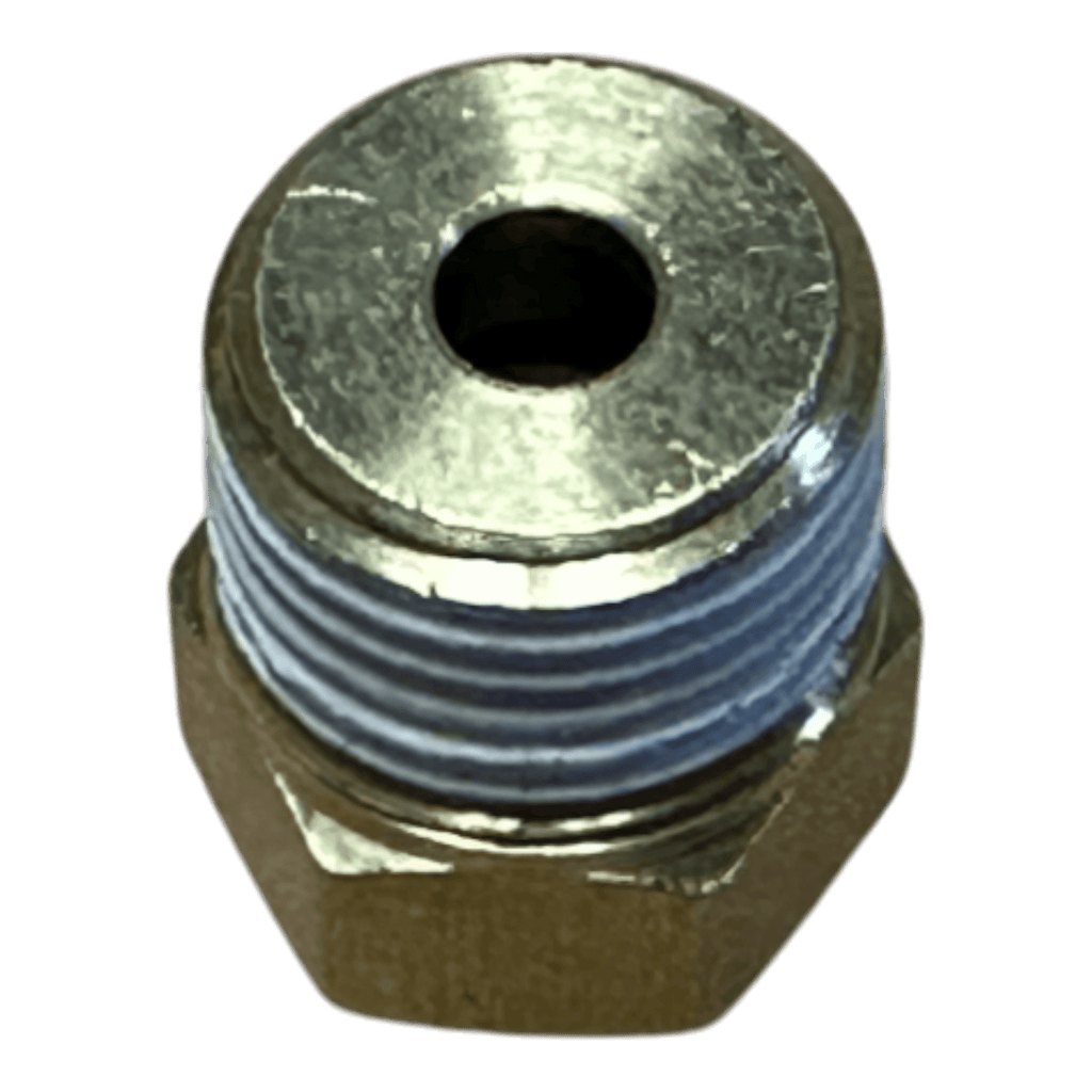 A close-up of a PIERCE Controls Fitting Straight Air, showing its metal hex design and threaded shaft with a central hole—often used as a replacement in Lodar Air Actuator systems or with pneumatic straight fittings.