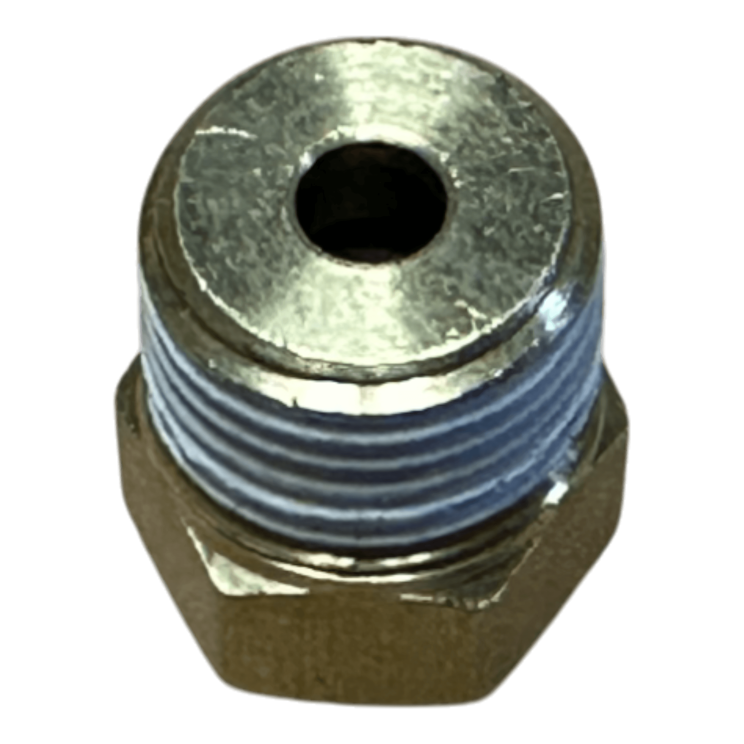 Close-up of a metallic threaded hex plug with central hole and sealant, ideal as a replacement for Motion Industries Inc. Controls | Fitting | Straight | Air applications.