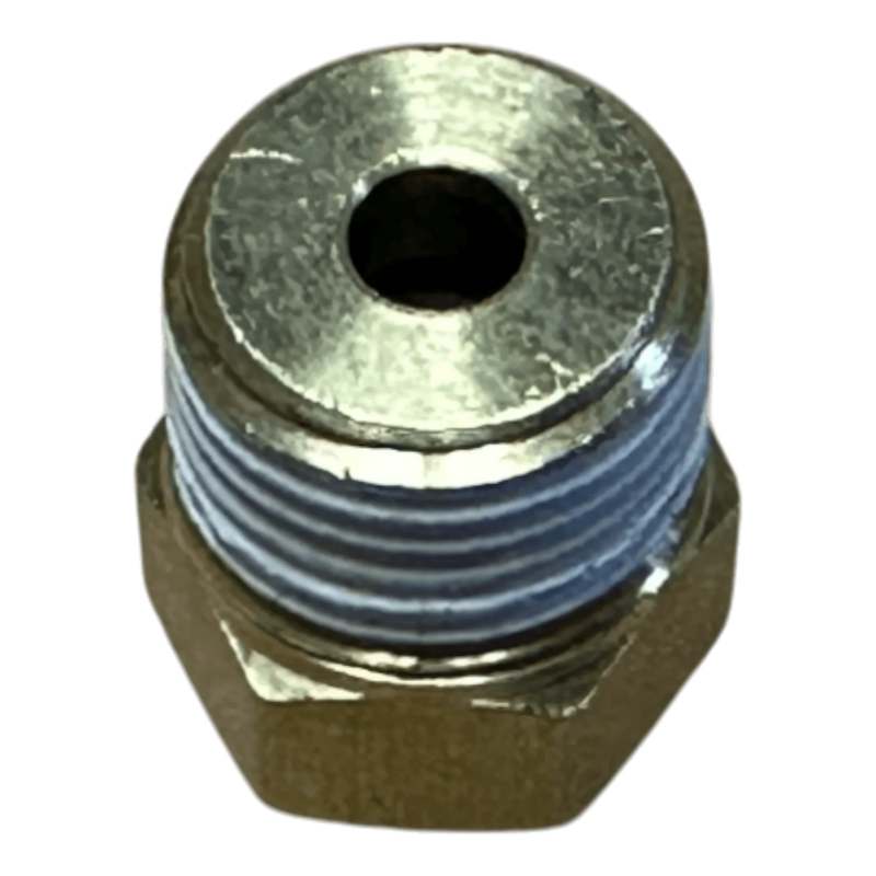 A close-up of a PIERCE Controls Fitting Straight Air, showing its metal hex design and threaded shaft with a central hole—often used as a replacement in Lodar Air Actuator systems or with pneumatic straight fittings.