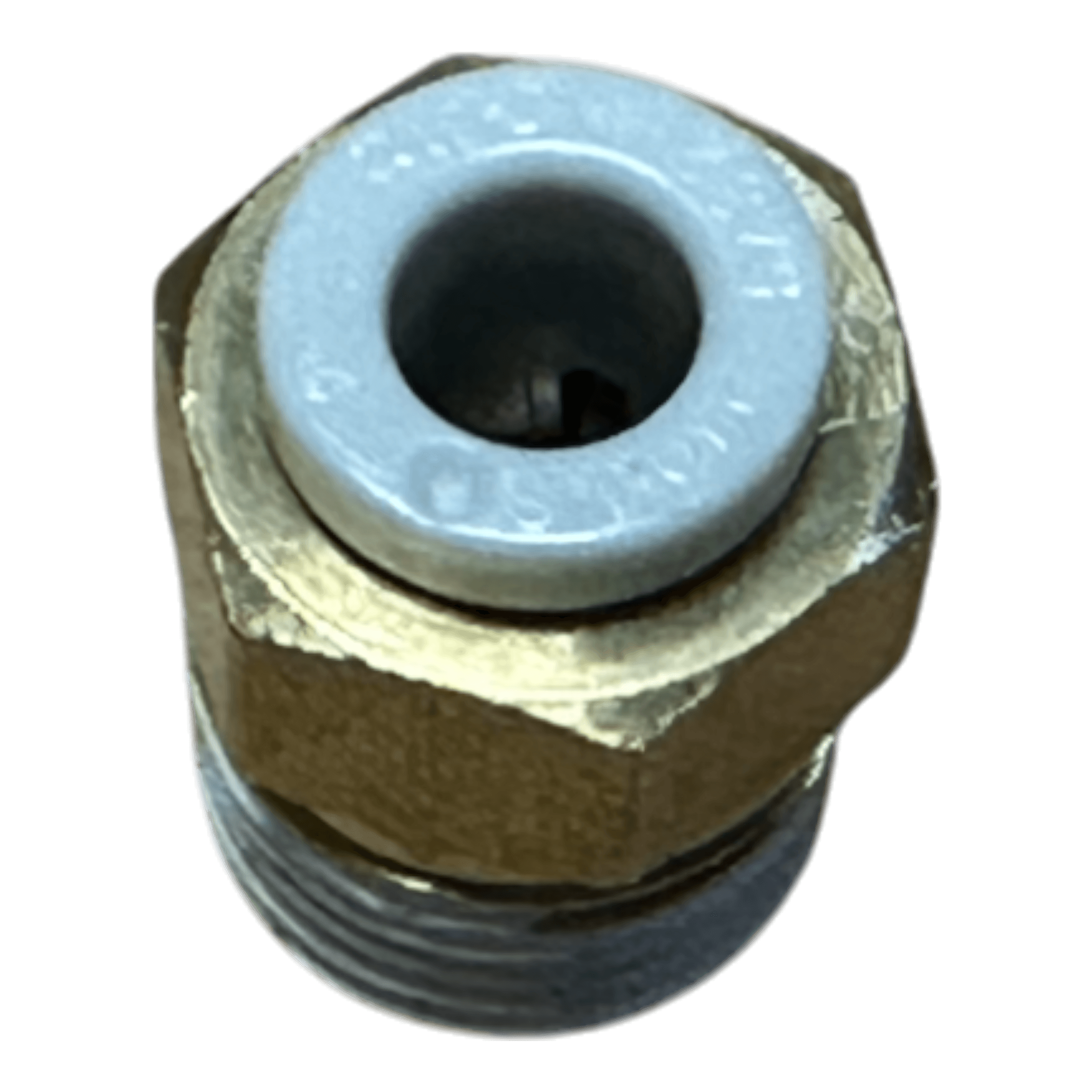 Close-up of Motion Industries Inc. Controls Fitting Straight Air, a brass hex screw fitting with a gray plastic cap, perfect as a replacement for Lodar Air Actuator pneumatic systems.