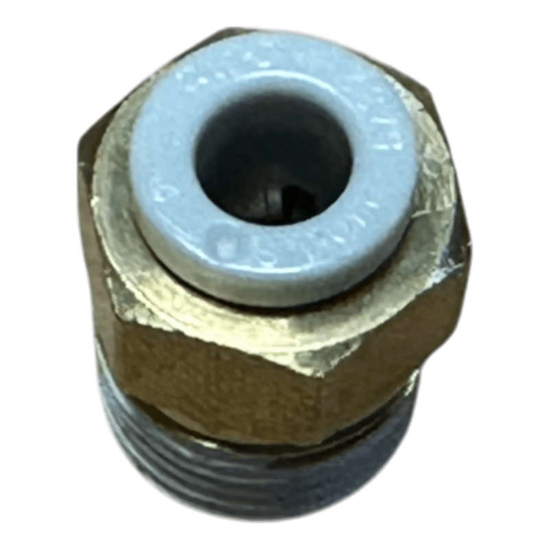 Close-up of a PIERCE Controls Straight Air Fitting, brass and gray metal, suitable as a replacement for Lodar Air Actuator systems, on a white background.