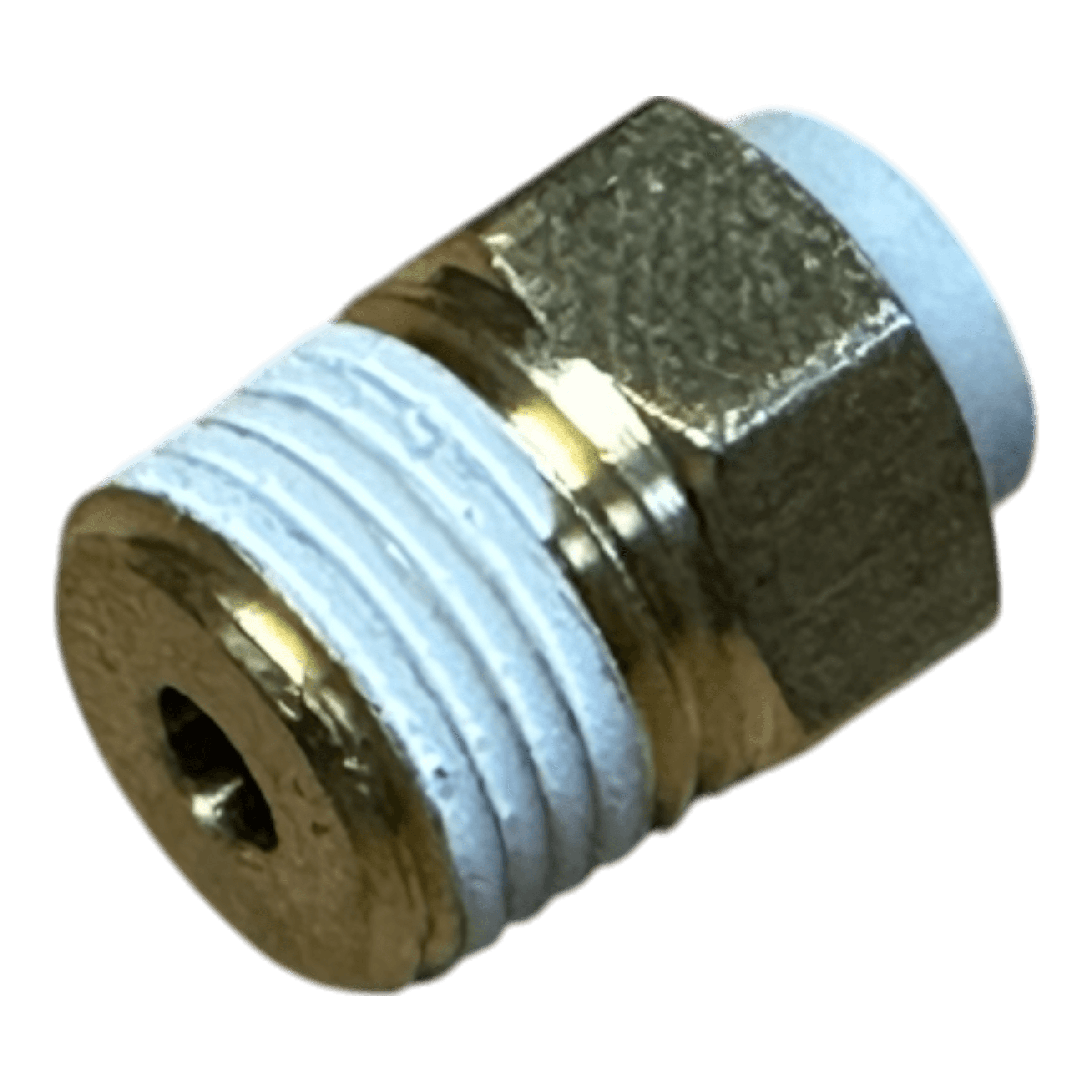 The PIERCE Controls Fitting Straight Air, a brass hexagonal fitting, features Teflon-wrapped threads and is ideal as a replacement part for Lodar Air Actuator systems.