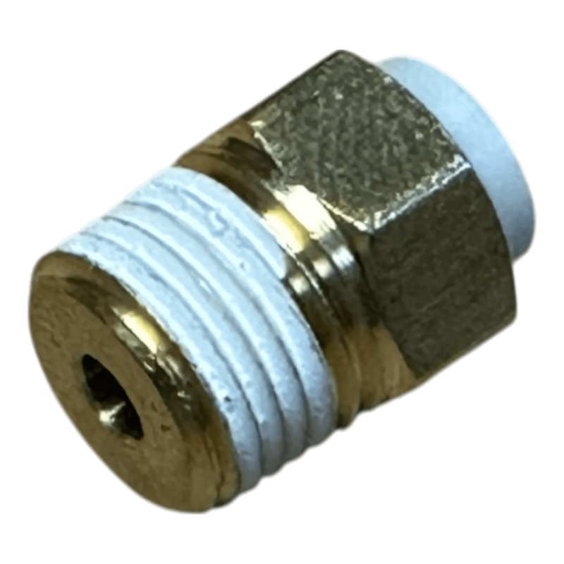 The PIERCE Controls Fitting Straight Air, a brass hexagonal fitting, features Teflon-wrapped threads and is ideal as a replacement part for Lodar Air Actuator systems.