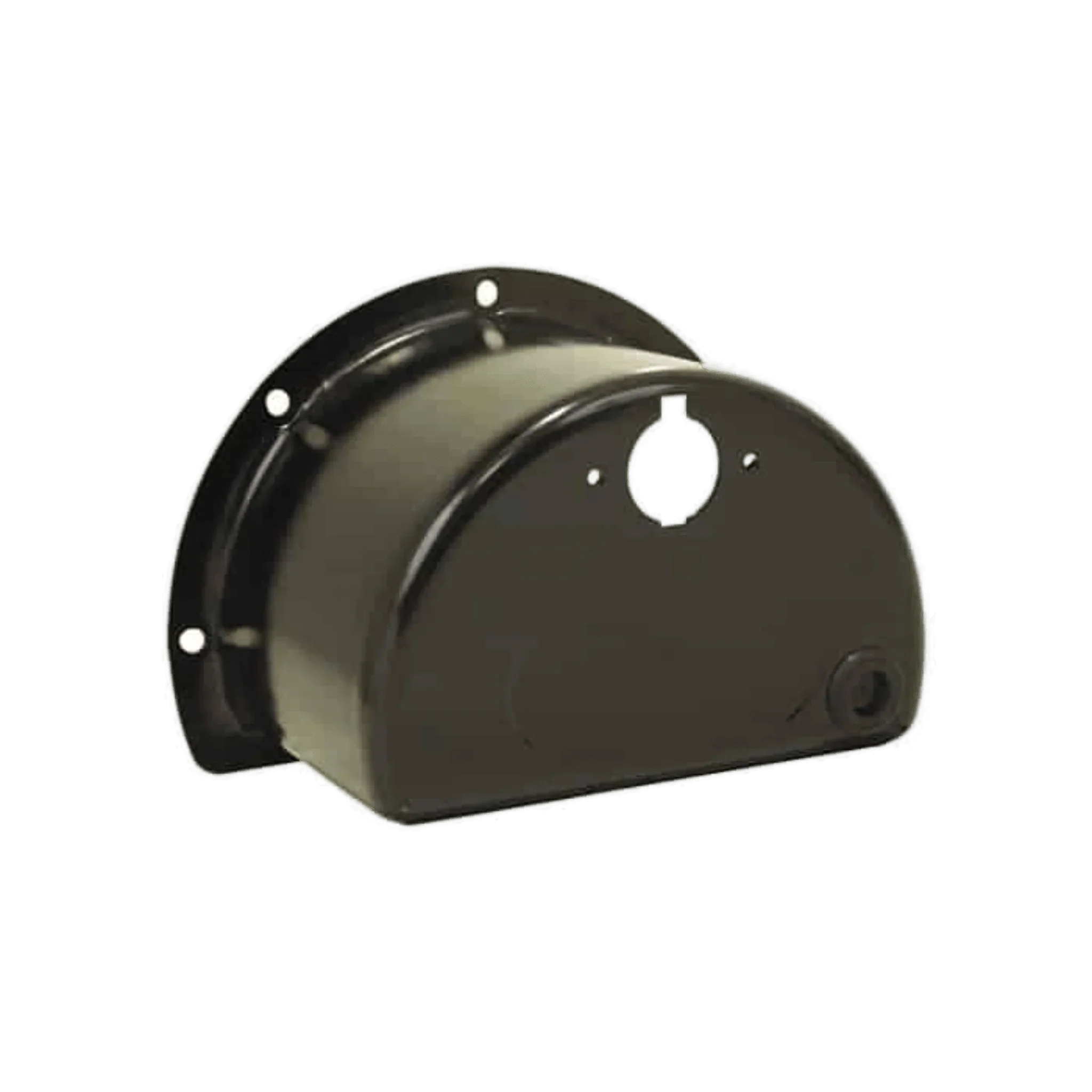 The PIERCE Cover for Solenoid is a black metal motor end bell housing with mounting holes and a central opening, designed for electric worm gear winches to protect solenoids and enhance PS654 winch durability.