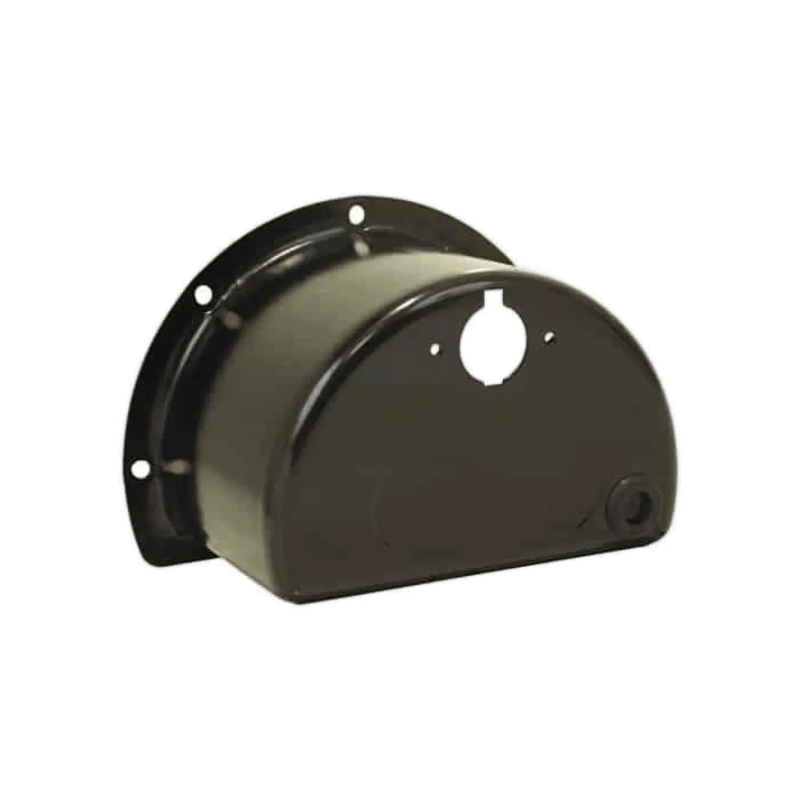 The PIERCE Cover for Solenoid is a black metal motor end bell housing with mounting holes and a central opening, designed for electric worm gear winches to protect solenoids and enhance PS654 winch durability.
