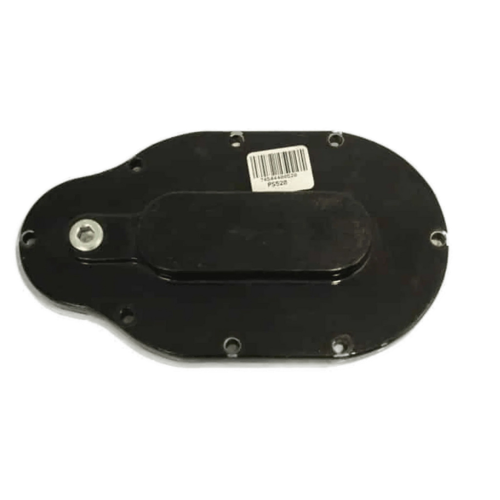 Black oval metal plate with multiple screw holes and barcode sticker, designed as a Cover for Transfer Housing for PIERCE Worm Gear Winches.