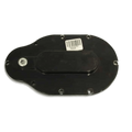 Black oval metal plate with multiple screw holes and barcode sticker, designed as a Cover for Transfer Housing for PIERCE Worm Gear Winches.