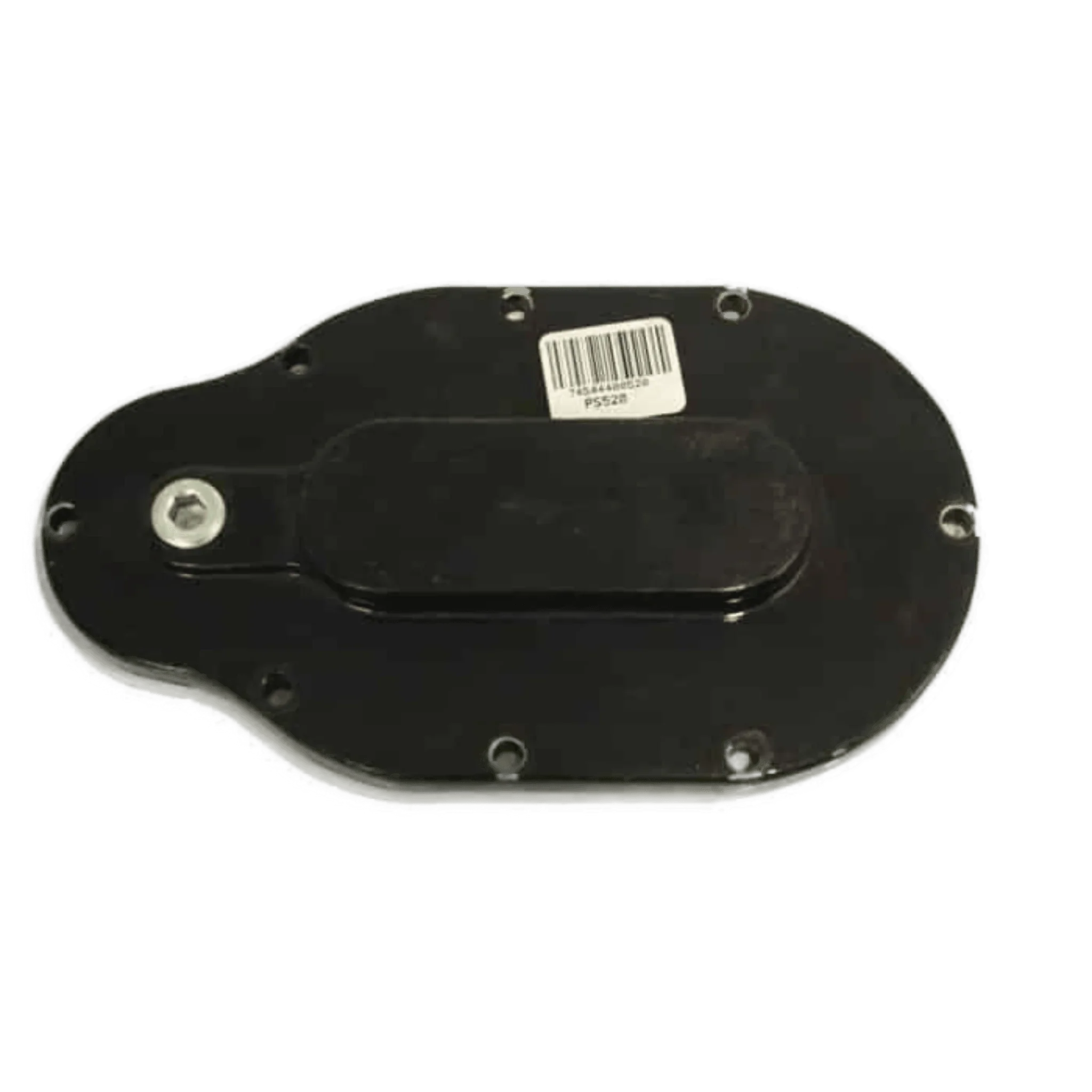 Black oval metal plate with multiple screw holes and barcode sticker, designed as a Cover for Transfer Housing for PIERCE Worm Gear Winches.