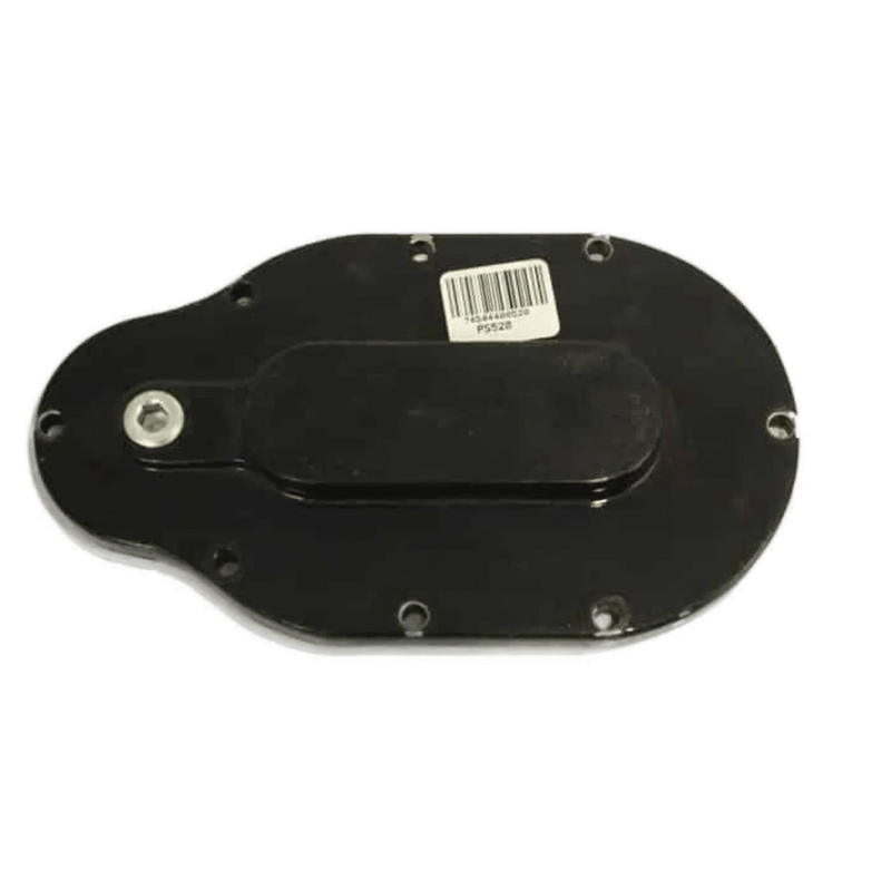 Black oval metal plate with multiple screw holes and barcode sticker, designed as a Cover for Transfer Housing for PIERCE Worm Gear Winches.