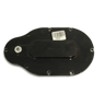 Black oval metal plate with multiple screw holes and barcode sticker, designed as a Cover for Transfer Housing for PIERCE Worm Gear Winches.