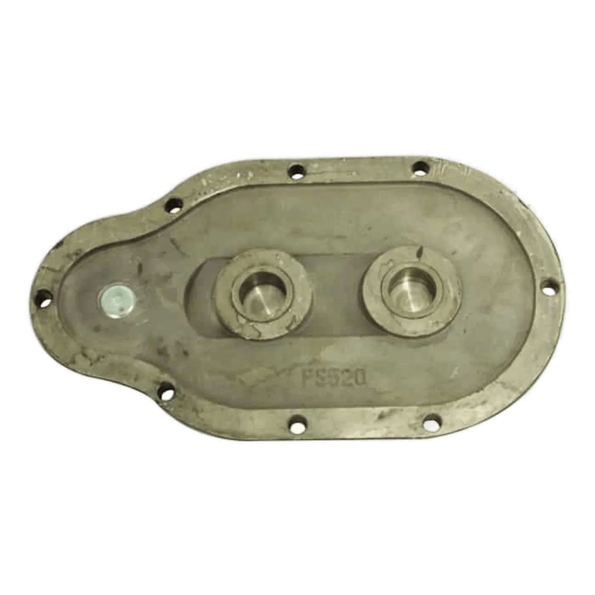 The Cover for Transfer Housing by PIERCE is an oval metal housing cover for Worm Gear Winches, designed with two central openings and multiple bolt holes along the edge.