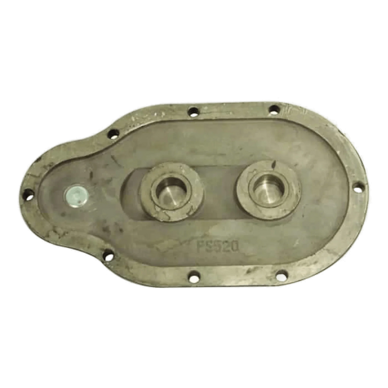 The Cover for Transfer Housing by PIERCE is an oval metal housing cover for Worm Gear Winches, designed with two central openings and multiple bolt holes along the edge.