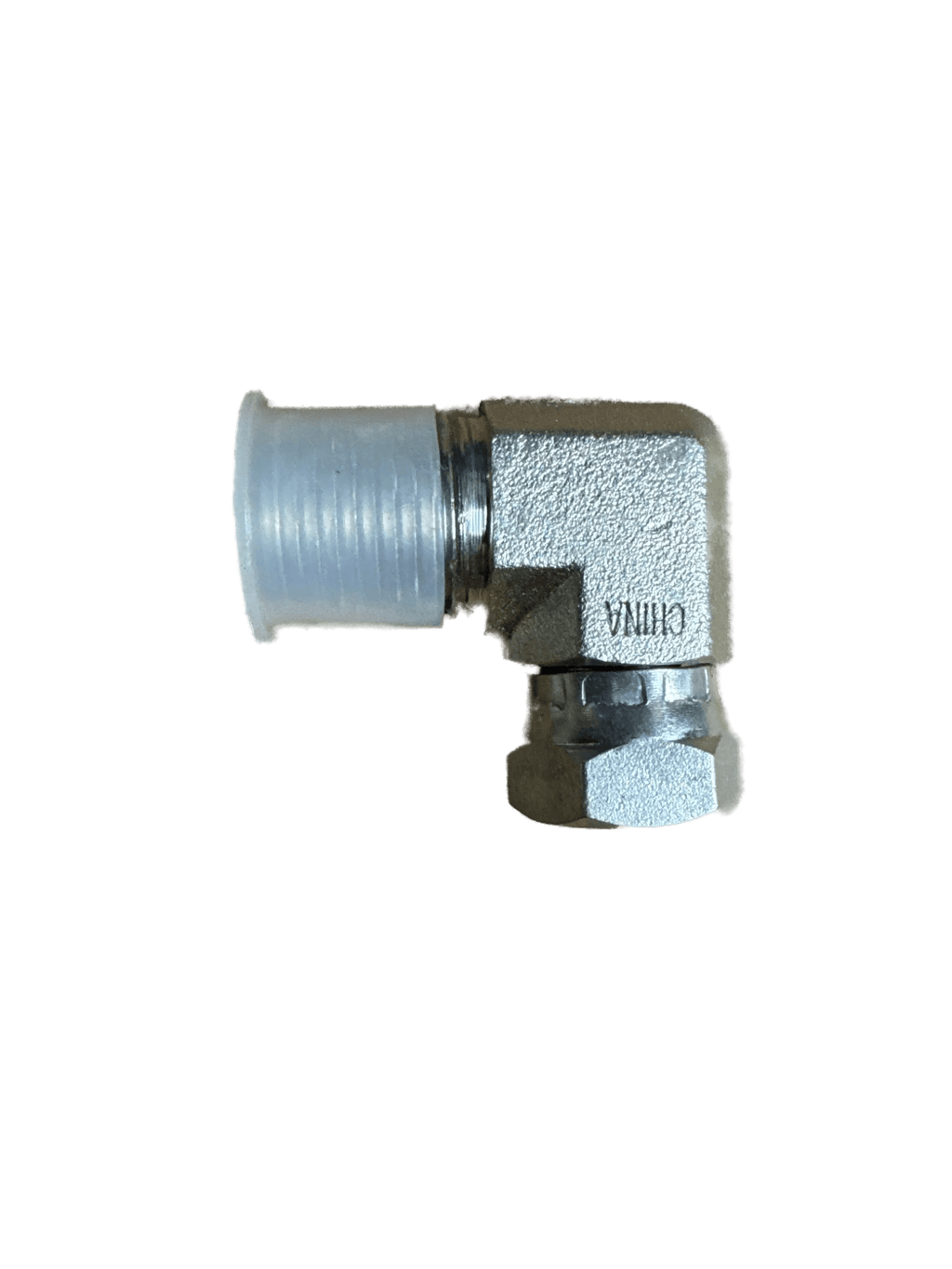PIERCE Hydraulics Fitting, 90° swivel elbow, male 1/2 in x female 3/8 in pipe thread, shown with plastic tube on one end against a white background.