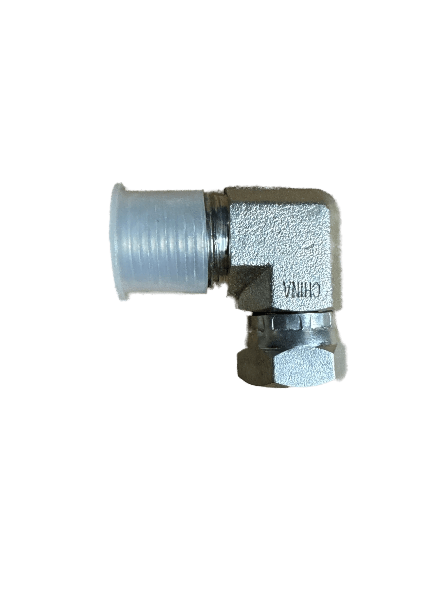 PIERCE Hydraulics Fitting, 90° swivel elbow, male 1/2 in x female 3/8 in pipe thread, shown with plastic tube on one end against a white background.