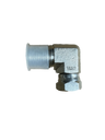 PIERCE Hydraulics Fitting, 90° swivel elbow, male 1/2 in x female 3/8 in pipe thread, shown with plastic tube on one end against a white background.