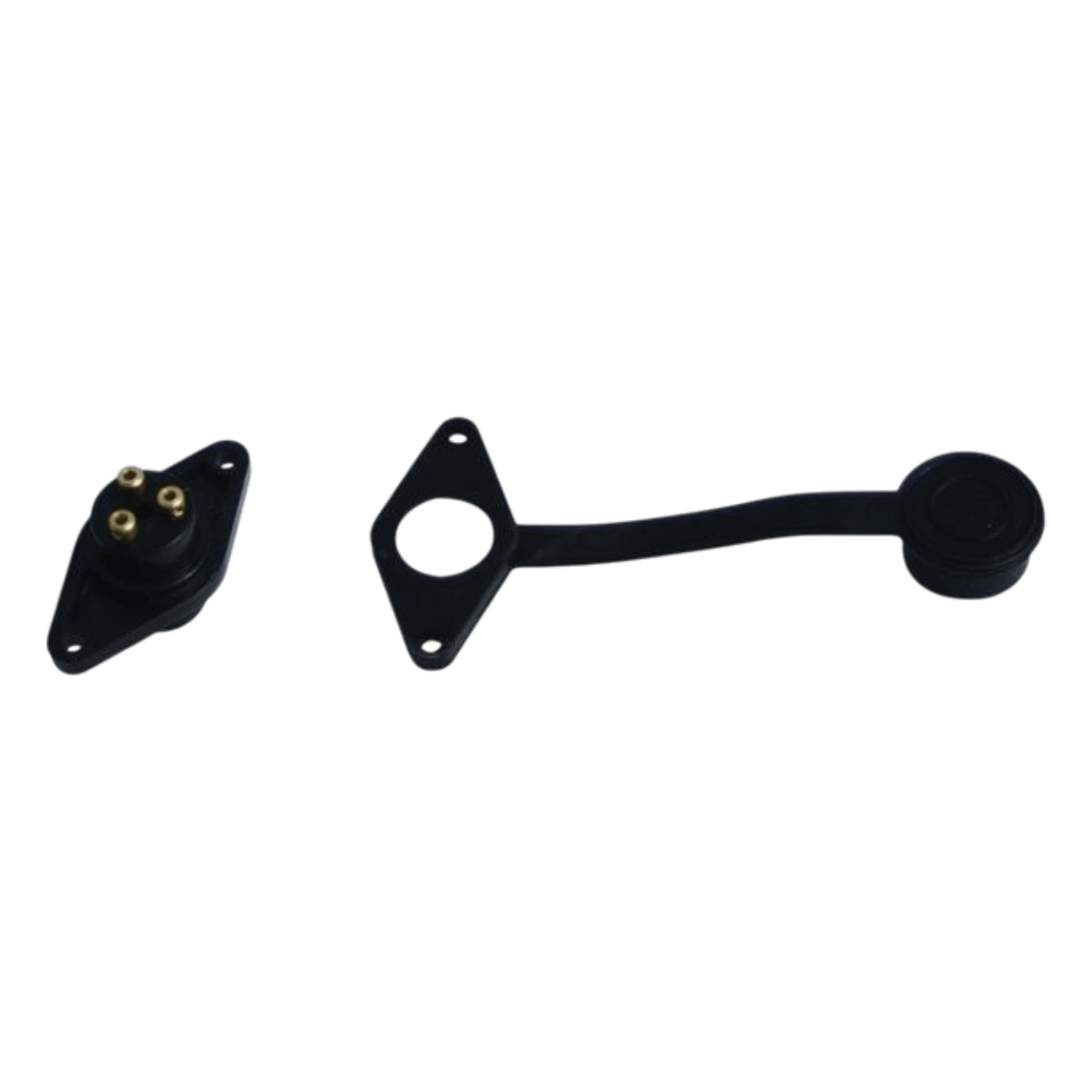 The Electric Planetary Winches Plug | Style 1 by Asetek Enterprise Company LTD is a black 3-prong electrical connector with a protective rubber cover, designed for PS series winch solenoid assemblies.