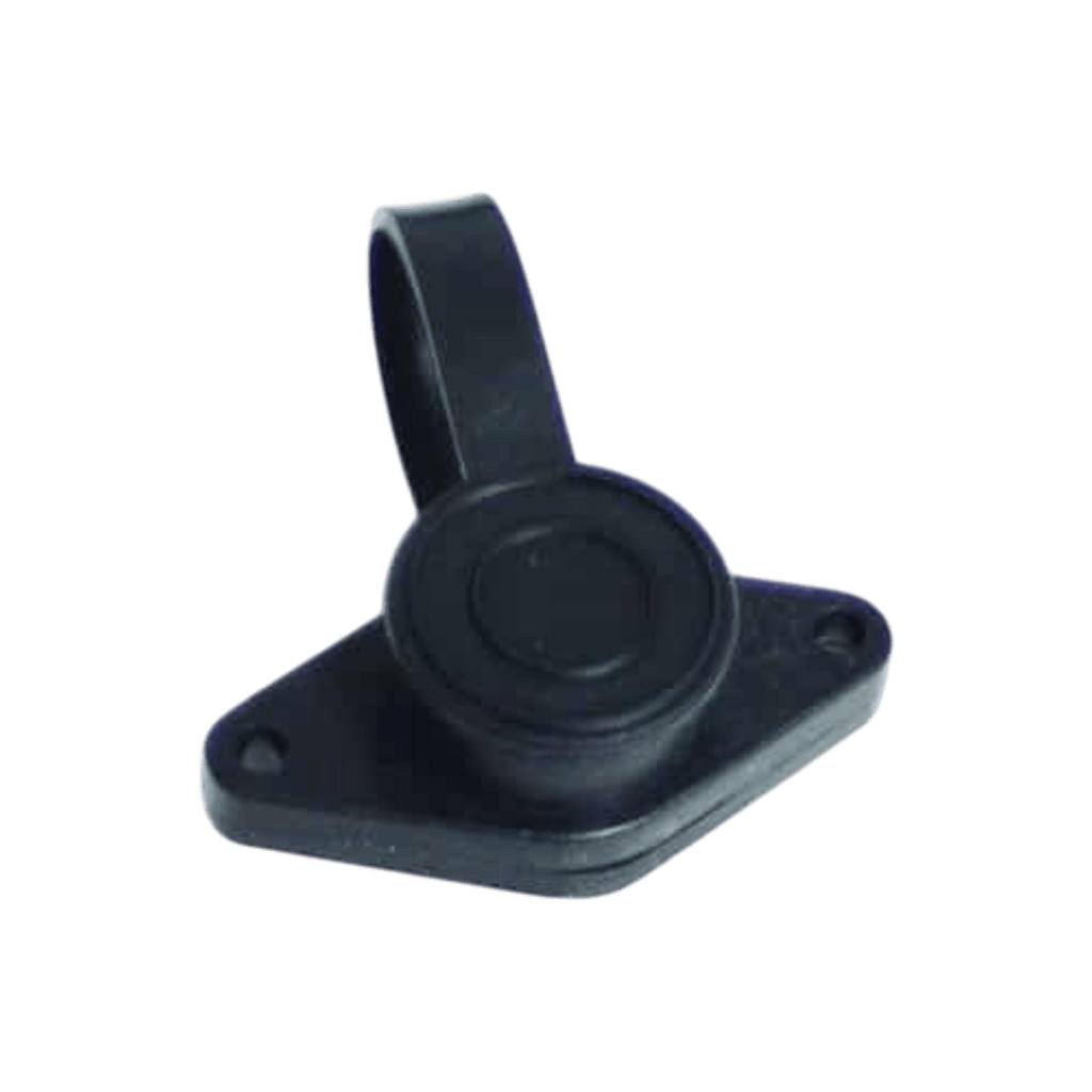 Black plastic cover with hinge, attached to a flat base with two screw holes; compatible with Asetek Enterprise Company LTD Electric Planetary Winches Plug | Style 1 solenoid assembly; shown on white background.