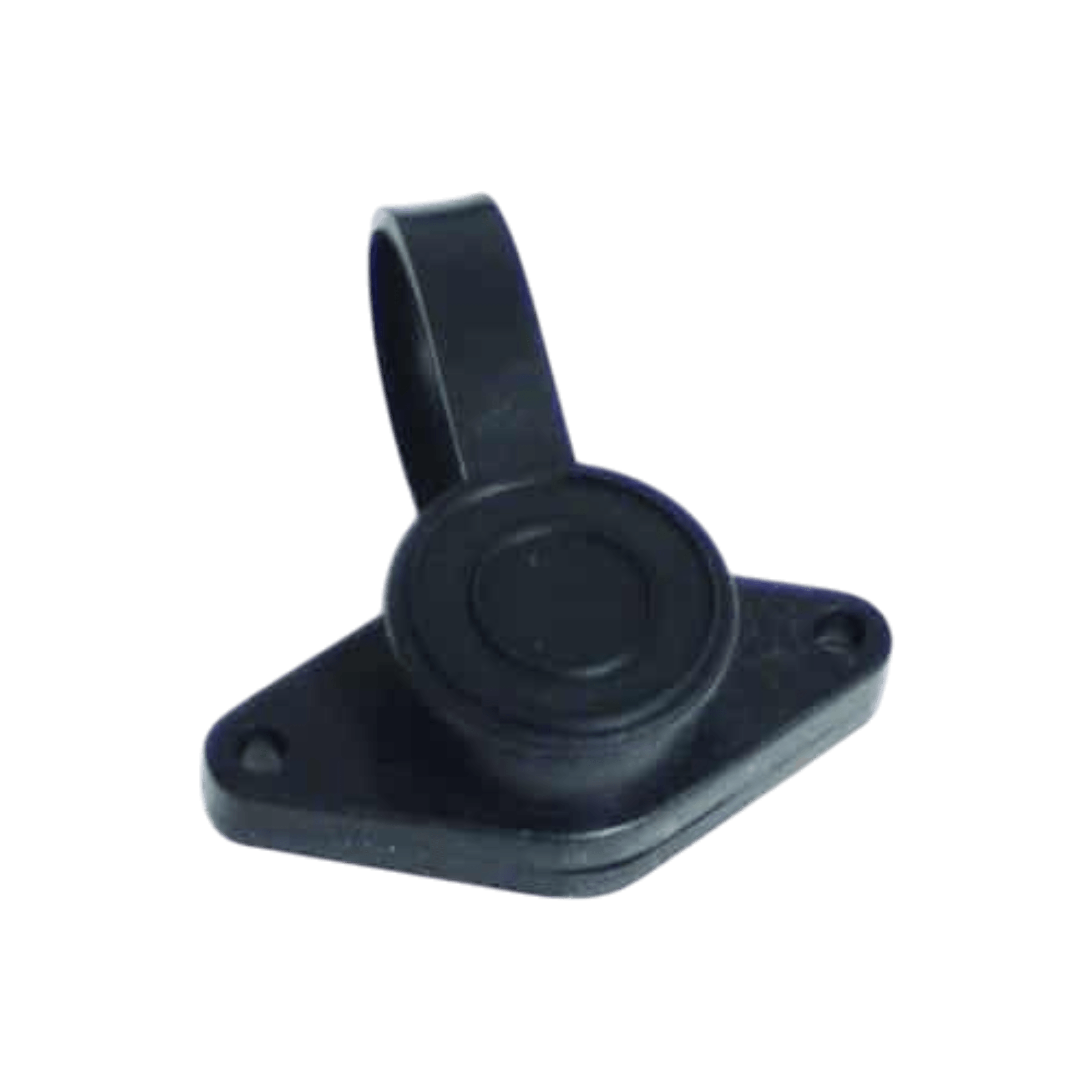 Black plastic cover with hinge, attached to a flat base with two screw holes; compatible with Asetek Enterprise Company LTD Electric Planetary Winches Plug | Style 1 solenoid assembly; shown on white background.