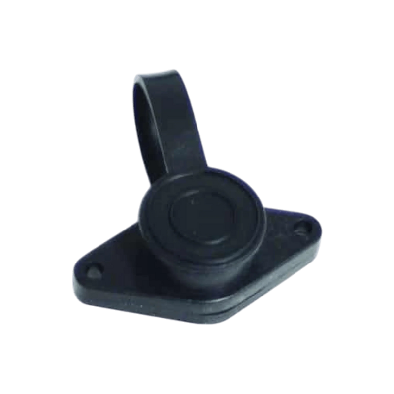 Black plastic cover with hinge, attached to a flat base with two screw holes; compatible with Asetek Enterprise Company LTD Electric Planetary Winches Plug | Style 1 solenoid assembly; shown on white background.