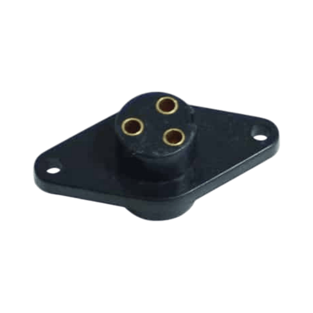 The Asetek Enterprise Company LTD Electric Planetary Winches Plug | Style 1 is a black 3-pin panel-mount connector with two mounting holes, ideal as a 3-prong plug for PS series winch solenoid assemblies.