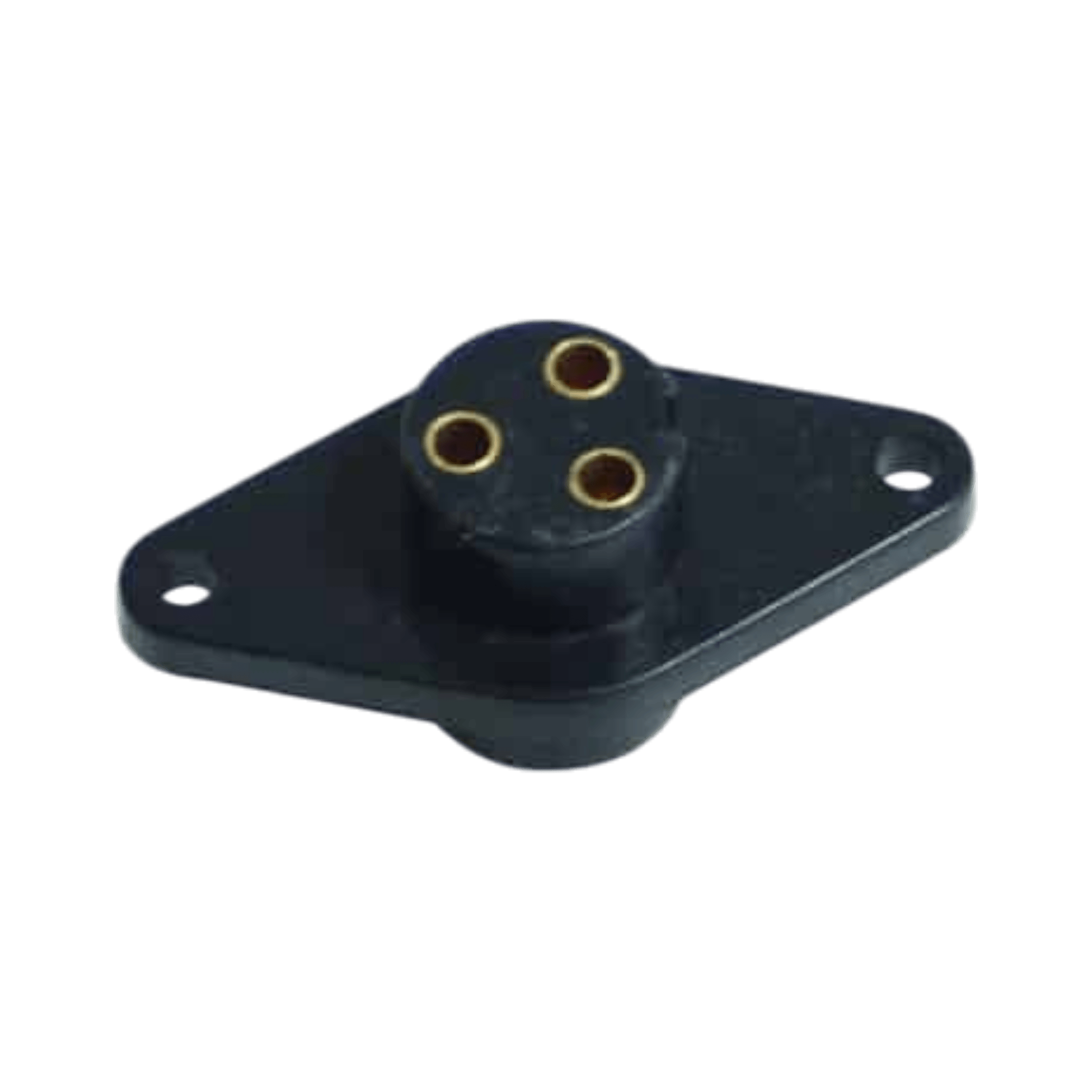 The Asetek Enterprise Company LTD Electric Planetary Winches Plug | Style 1 is a black 3-pin panel-mount connector with two mounting holes, ideal as a 3-prong plug for PS series winch solenoid assemblies.