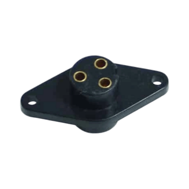The Asetek Enterprise Company LTD Electric Planetary Winches Plug | Style 1 is a black 3-pin panel-mount connector with two mounting holes, ideal as a 3-prong plug for PS series winch solenoid assemblies.