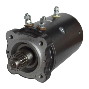 Close-up of the PIERCE Electric Worm Gear Winch Motor Kit, featuring a black cylindrical 12V design with visible gears and connecting bolts, perfect for use with PIERCE winches or as a replacement worm drive.