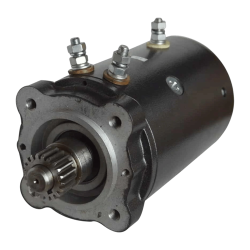 The Electric Worm Gear Winch Motor Kit with Gear Installed by Internal - Pierce Assembly Team features a black 12V motor with visible gear and three terminal bolts, perfect as a PS654 series winch replacement.