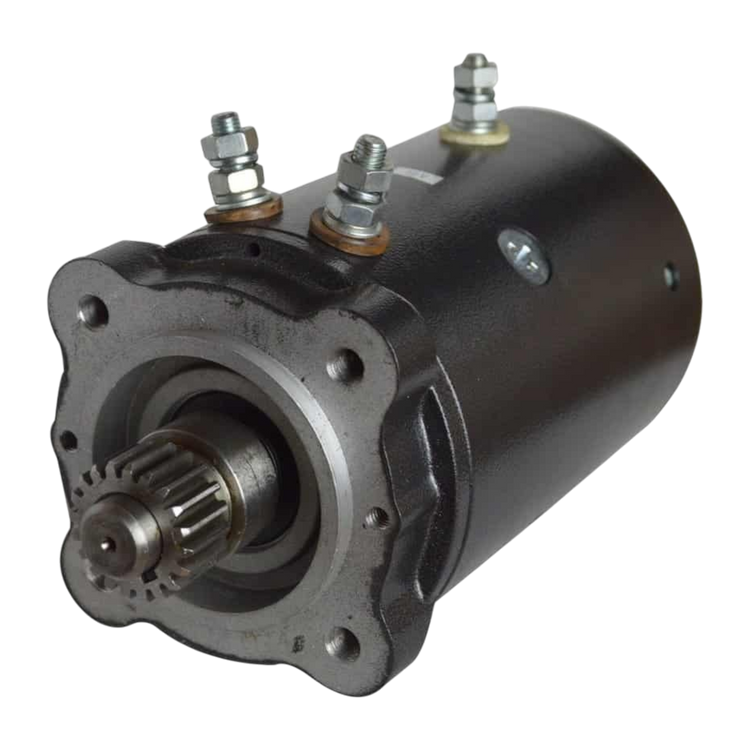 Close-up of the PIERCE Electric Worm Gear Winch Motor Kit, featuring a black cylindrical 12V design with visible gears and connecting bolts, perfect for use with PIERCE winches or as a replacement worm drive.