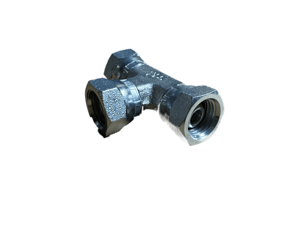 The PIERCE Hydraulics Fitting is a female 1/4 in x female 1/4 in swivel pipe thread tee, ideal for connecting hydraulic lines. Shown isolated on a white background.