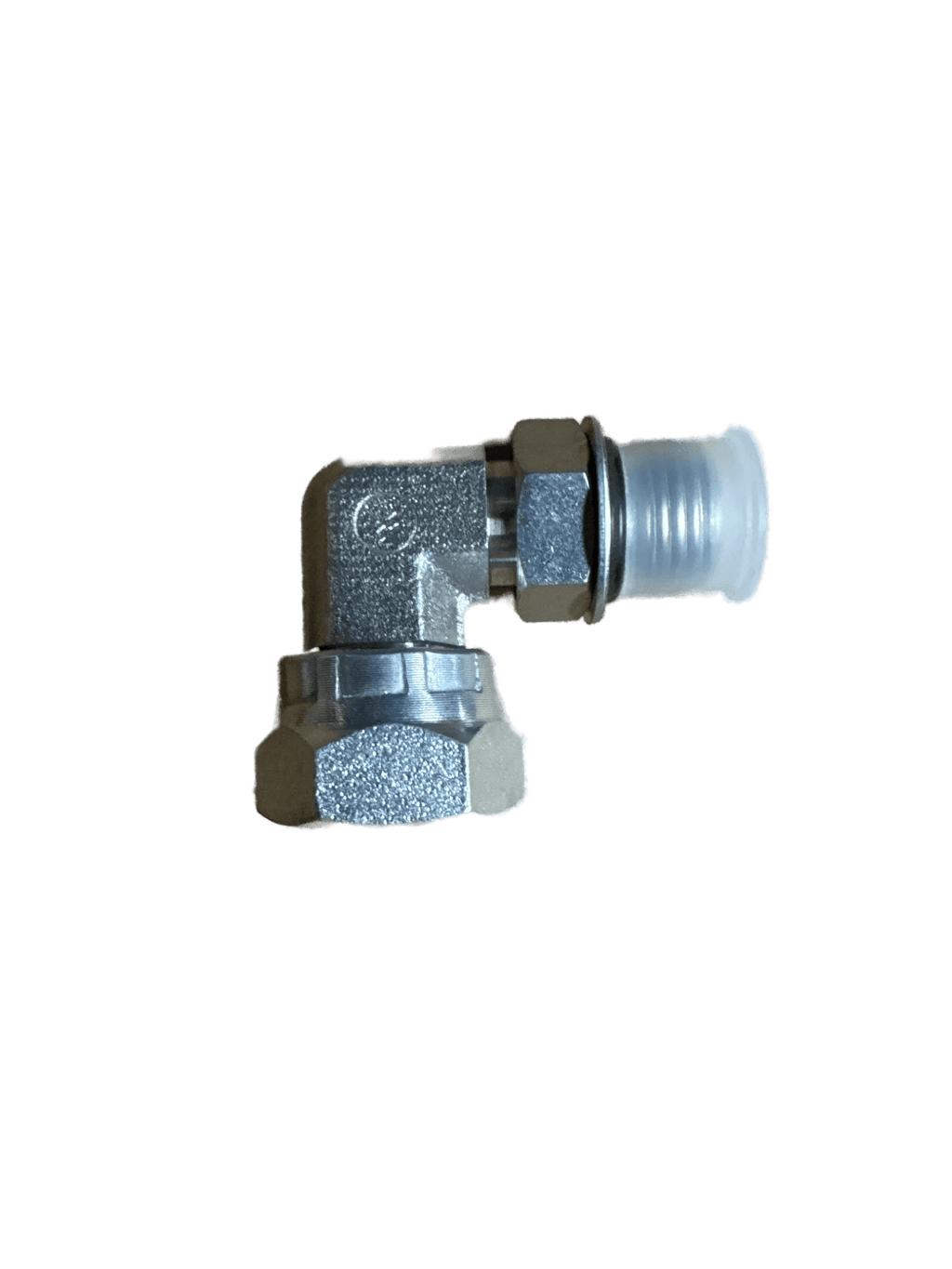 The PIERCE Hydraulics Fitting features a 90-degree boss thread swivel with male 9/16 in x female 3/8 in ends, ideal for hydraulic connections. Shown on a white background.