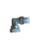 The PIERCE Hydraulics Fitting features a 90-degree boss thread swivel with male 9/16 in x female 3/8 in ends, ideal for hydraulic connections. Shown on a white background.