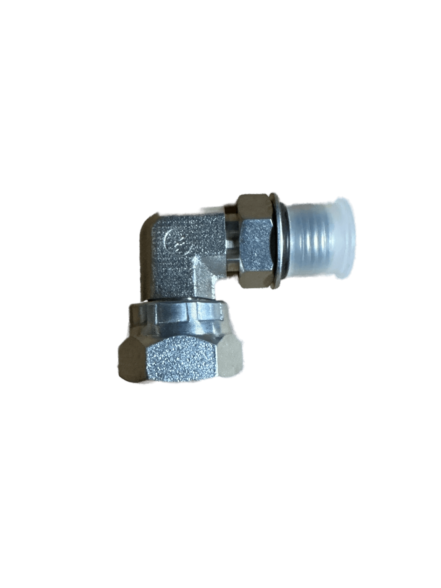 The PIERCE Hydraulics Fitting features a 90-degree boss thread swivel with male 9/16 in x female 3/8 in ends, ideal for hydraulic connections. Shown on a white background.