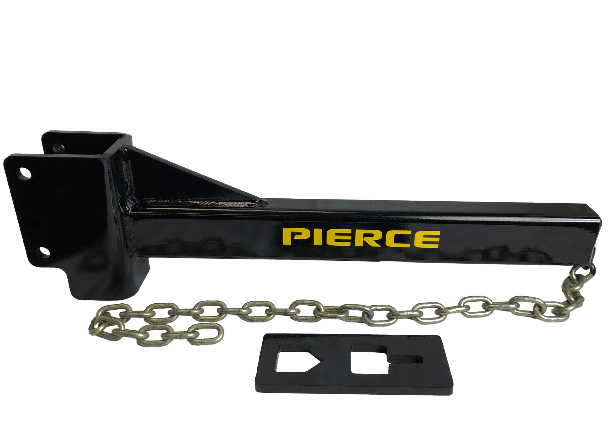 The black steel hitch, boldly displaying PIERCE in yellow, comes with a chain and metal mounting plate, ideal for use with the PIERCE T-Post Puller Attachment.