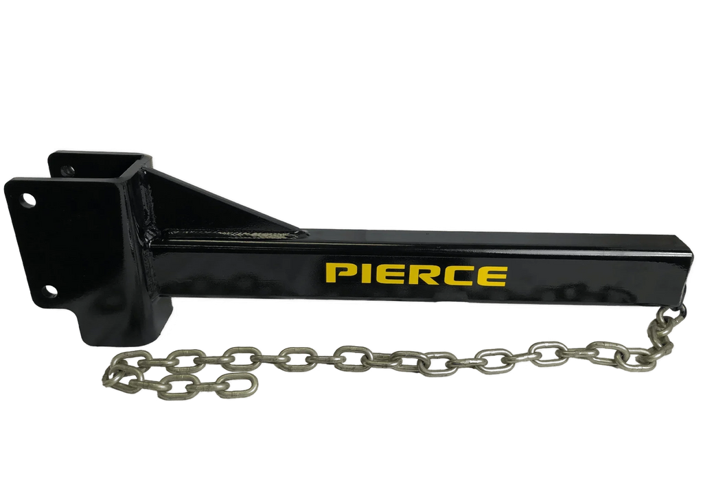 Black metal T-Post Puller Attachment by PIERCE, featuring an attached silver chain, designed for use with a bale spike. Isolated on a white background.