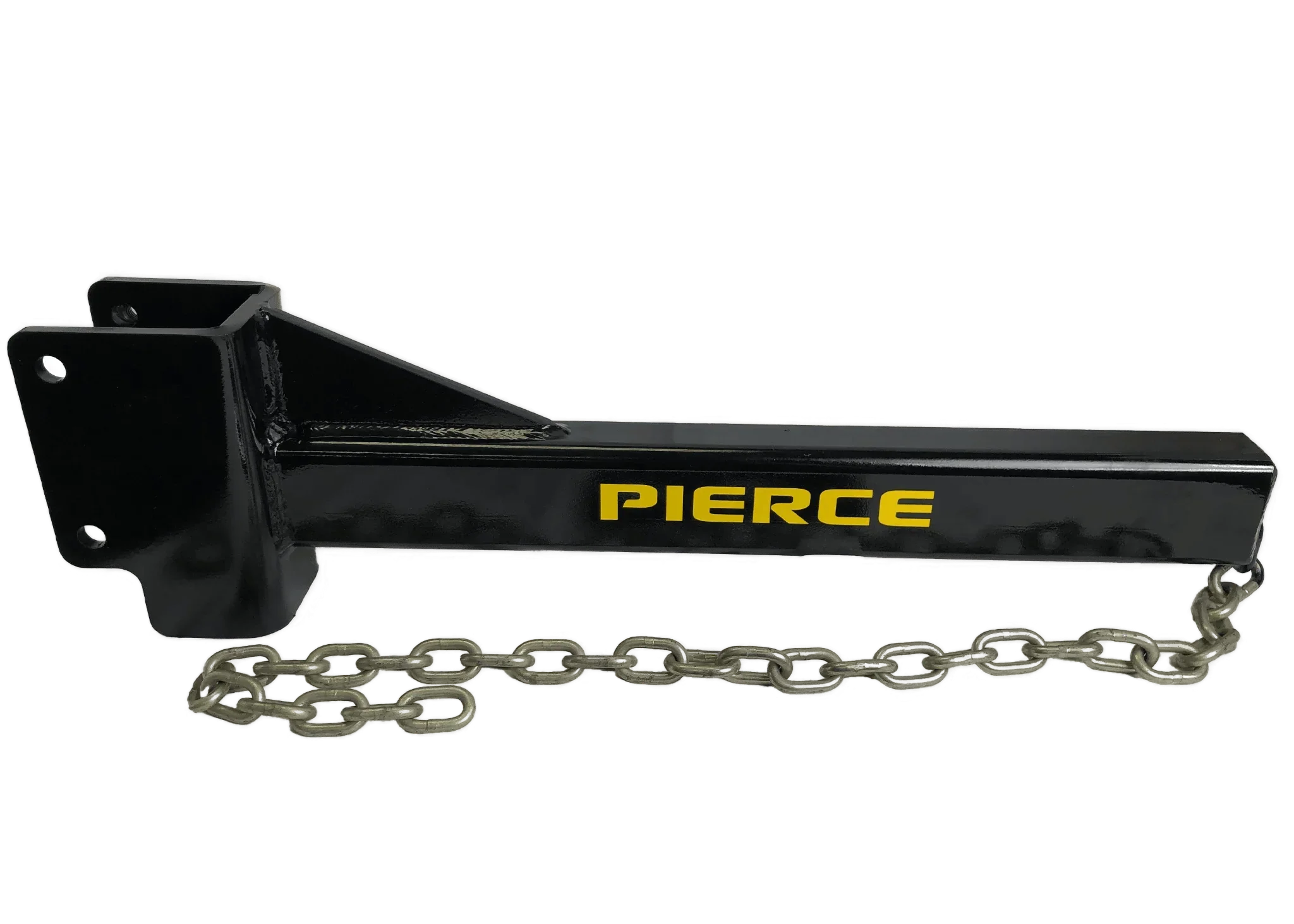Black metal T-Post Puller Attachment by PIERCE, featuring an attached silver chain, designed for use with a bale spike. Isolated on a white background.