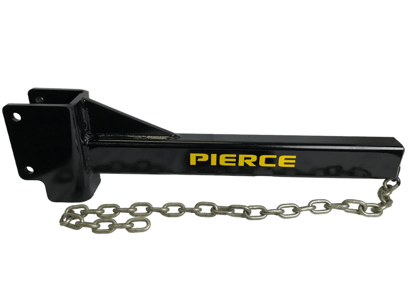 Black metal T-Post Puller Attachment by PIERCE, featuring an attached silver chain, designed for use with a bale spike. Isolated on a white background.