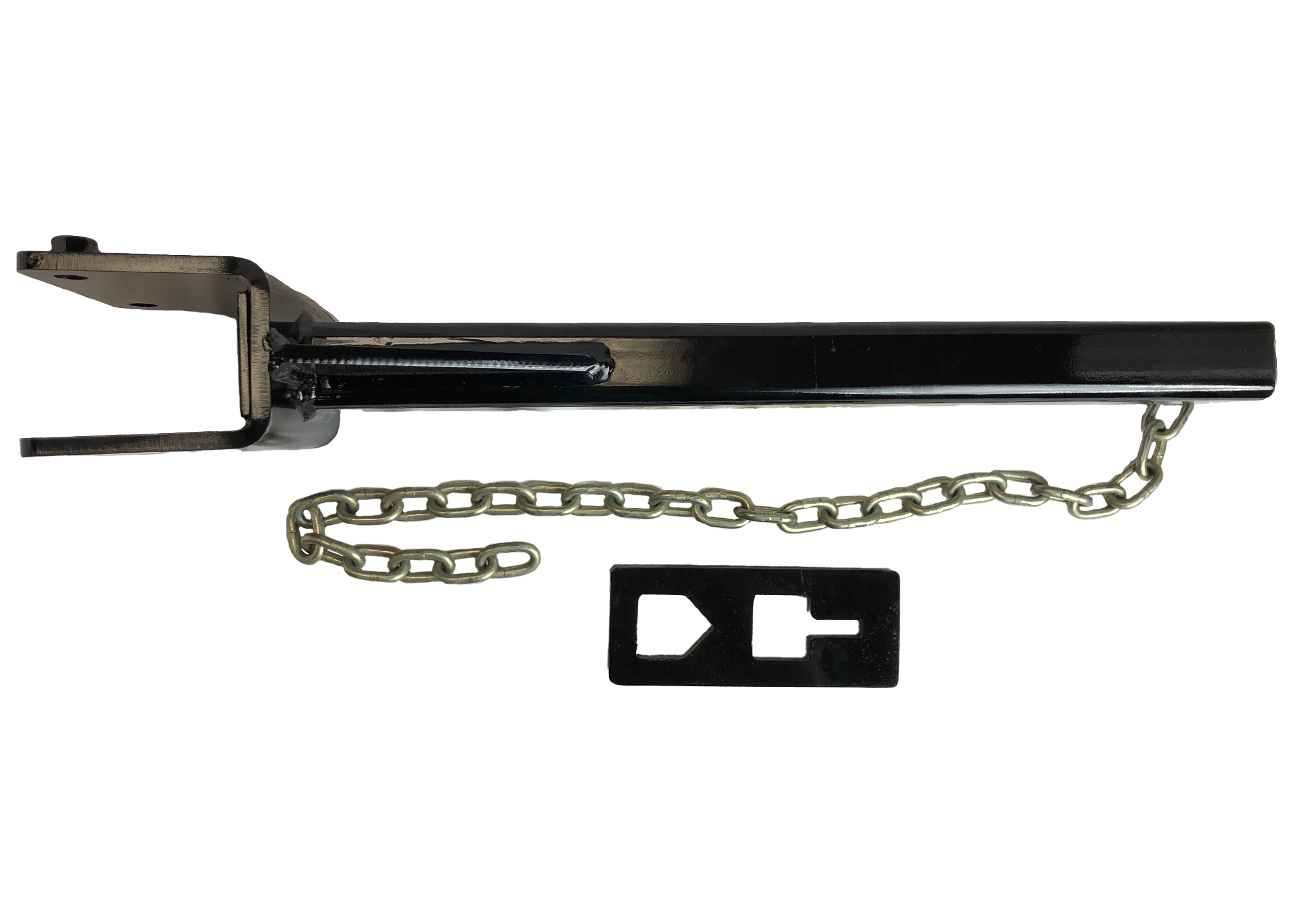 The PIERCE T-Post Puller Attachment, in black metal, includes a chain and keyed plate for secure locking, ensuring compatibility with manual posts for reliable protection.