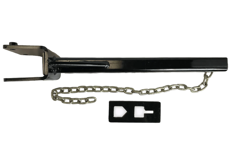 The PIERCE T-Post Puller Attachment is a black metal tool with a chain and a separate rectangular plate with cutouts, designed for efficient fence post removal.