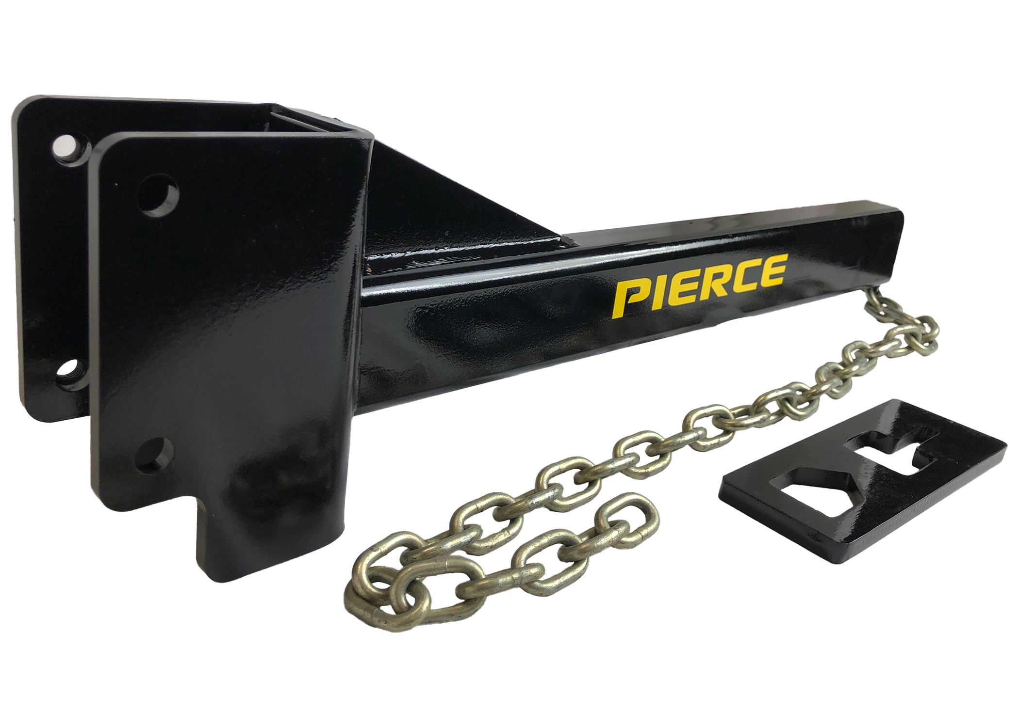 Black metal hitch extension with gold Pierce text, includes a chain and separate black bracket, designed to integrate seamlessly with the PIERCE T-Post Puller Attachment.