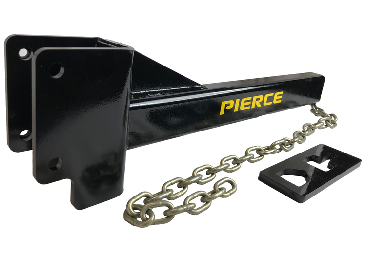 Black metal hitch extension with gold Pierce text, includes a chain and separate black bracket, designed to integrate seamlessly with the PIERCE T-Post Puller Attachment.