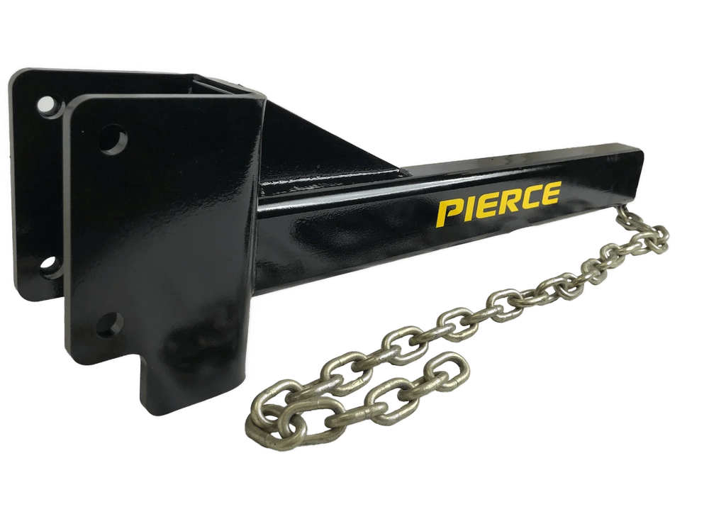 The PIERCE T-Post Puller Attachment is a black metal tow bar featuring the yellow PIERCE logo, an attached metal chain, and a built-in T-Post puller, shown on a white background.